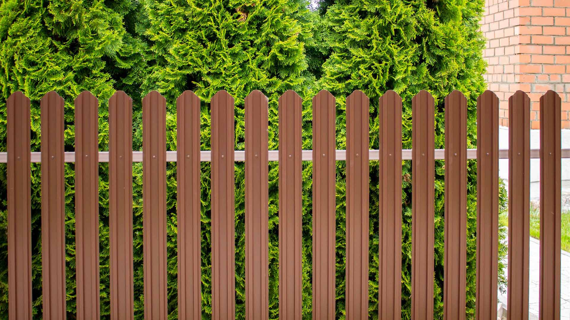 Забор из металлического штакетника "Константа" RAl 8017 (шоколадно-коричневый) + ворота распашные + калитка